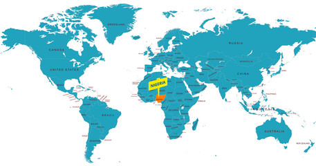 World Map Highlighting Country of Nigeria With Geographic Details