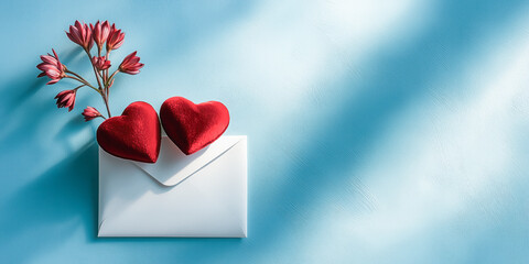 Anniversary celebration party invite floral stationary, cosmos flower, soft blue background, wedding reception invitation, valentine romantic love letter, engagement, two red hearts, white envelope