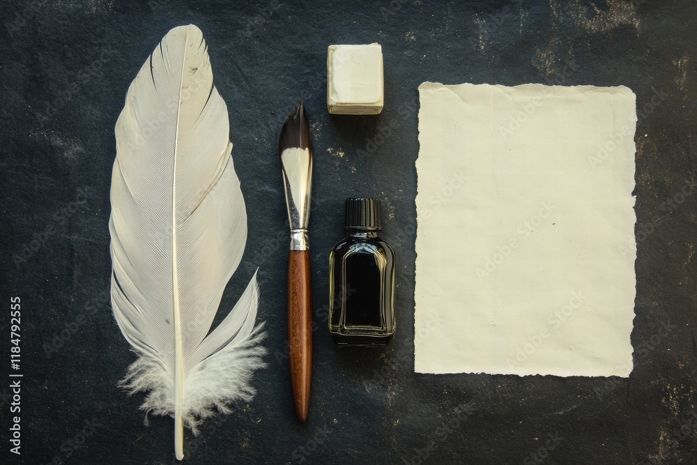 Poster elegant calligraphy tools arranged for artistic creation featuring a feather quill, ink bottle, and 