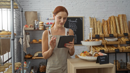 Young redhead woman working in bakery shop using tablet with shelves of breads and pastries in the background