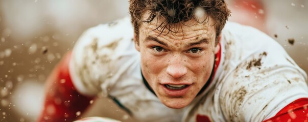 Dynamic sports action of a rugby player charging in muddy field environment captured at close viewpoint