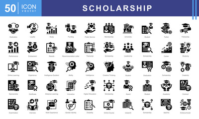 Scholarship icon collection set. Containing financial aid, tuition assistance, grant, fellowship, award, bursary, stipend icon. Simple vectors illustration.