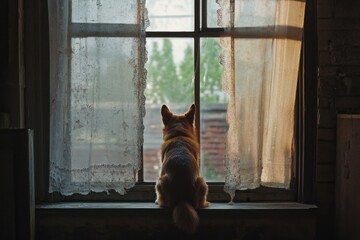 a dog looking out the window, waiting for its owner to return home with copy space Generative AI