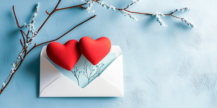 Anniversary celebration party invite floral stationary,  jade vine flower, pale cyan blue background, wedding reception invitation, valentine romantic love letter, engagement, two red hearts, envelope