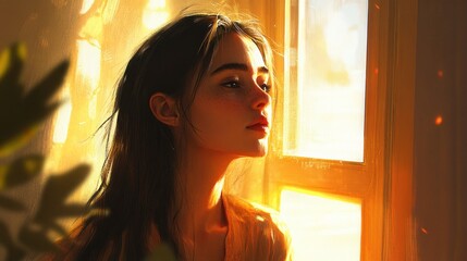 Young Woman Gazing Out Window in Golden Light