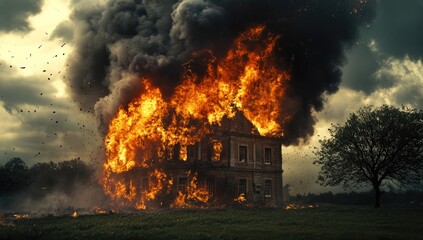 An abandoned historic home stands in a field, consumed by intense flames and billowing black smoke. The fiery glow contrasts with the overcast sky, creating a dramatic atmosphere