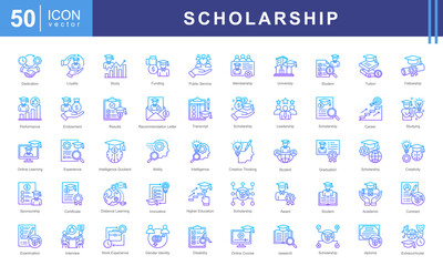 Scholarship icon collection set. Containing financial aid, tuition assistance, grant, fellowship, award, bursary, stipend icon. Simple vectors illustration.