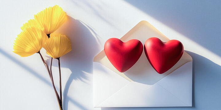 Romantic love letter floral stationary valentines day, yellow sago palm flower, bright background, wedding party, engagement invite, anniversary celebration reception, two red hearts, white envelope