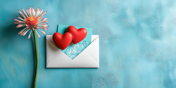 Romantic love letter floral stationary valentines day, puya raimondii flower, light blue background, wedding party, engagement invite, anniversary celebration, two red hearts, white envelope, card.