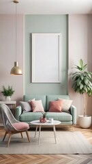 Fototapeta premium Mockup poster in modern living room interior background, 3D render, white Mock up frame