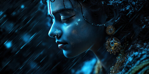 Woman in traditional jewelry with rain drops and blue light. Spiritual and mythological concept