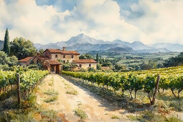 watercolor illustration of sundrenched mediterranean vineyard landscape with rolling hills ancient stone walls and rustic charm in soft pastel palette
