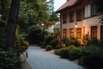 Fototapeta premium Evening stroll along a charming pathway by a lit residential building with greenery