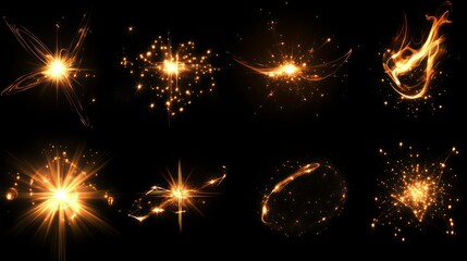 Collection of golden light effects, sparkles, and glowing particles isolated on black background.
