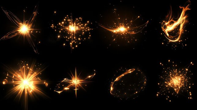 Collection of golden light effects, sparkles, and glowing particles isolated on black background.