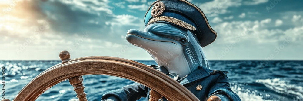 Poster dolphin dressed as ship captain navigates the ocean while steering a ships wheel under a bright sky.