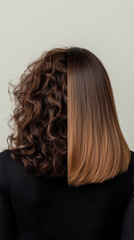 Fototapeta premium Before and after hair straightening comparison with brown gradient. Hair treatment services