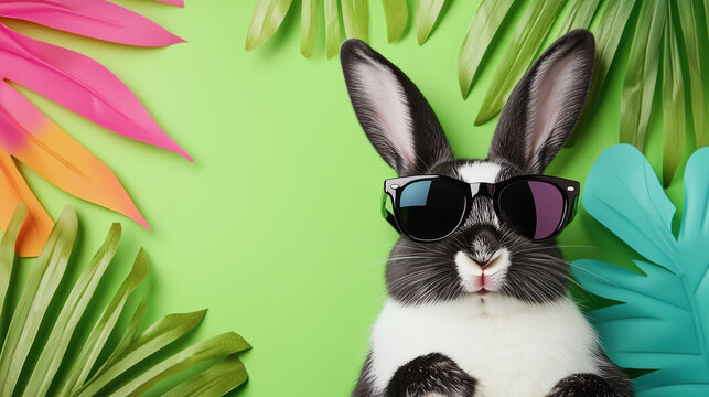 Rabbit with sunglasses among tropical leaves on green background. Summer fashion and entertainment content