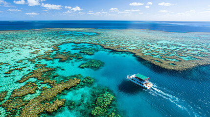 Naklejka premium top-down perspective of yacht navigating coral reefs in clear ocean