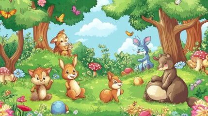 Cartoon animals playing in a sunny forest clearing.