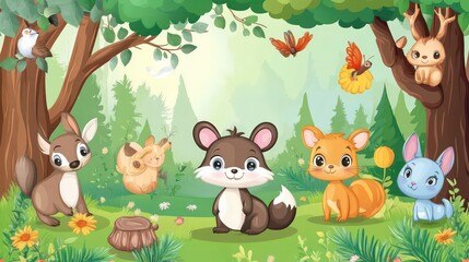 Obraz premium Adorable cartoon animals in a lush forest clearing.