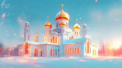 Orthodox cathedral with stunning domes and classic design, radiating spiritual calmness, providing an artistic book illustration aesthetic