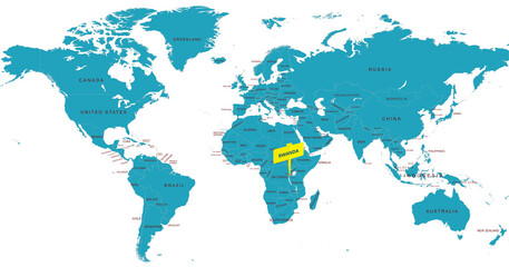 World Map Highlighting Country of Rwanda With Geographic Details