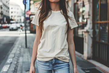 young girl on the street with cream color t-shirt for mockup. horizontal.