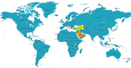 Obraz premium World Map Highlighting Country of Saudi Arabia With Geographic Details
