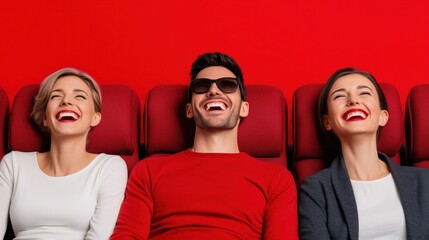 Three friends sit side by side in a vibrant setting, wearing cheerful expressions. bright red backdrop enhances their joyful mood as they share a lighthearted moment together