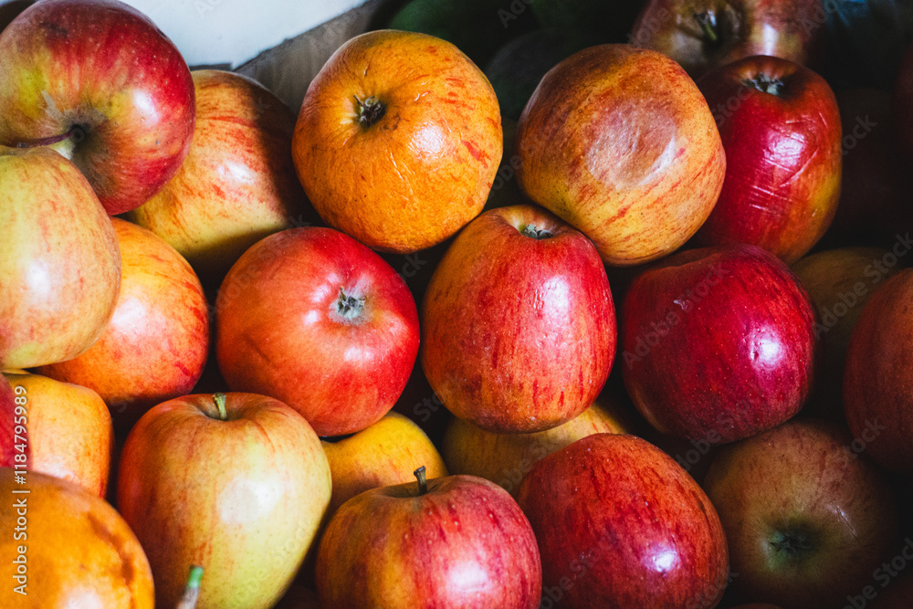 Wall mural Fresh apples with natural textures and colors for sale at a local market in the Andes of Peru