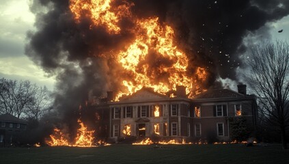 An elegant mansion is consumed by fierce flames, creating a powerful display of fire against a dark, stormy sky. Debris is scattered as the chaos unfolds, illuminating the surrounding area