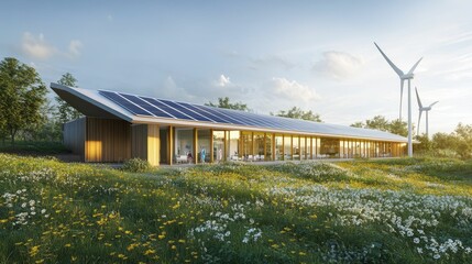 Obraz premium Eco-friendly building, solar panels, wind turbines, wildflowers.