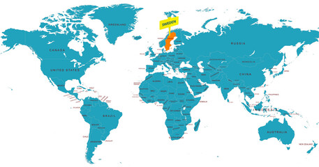 World Map Highlighting Country of Sweden With Geographic Details