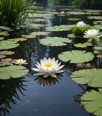 Water lily with white orchid flower on pond surface, peaceful, reflections, lily