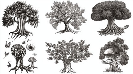 Fototapeta premium Enchanted Forest Trees - Intricate Line Art Illustrations