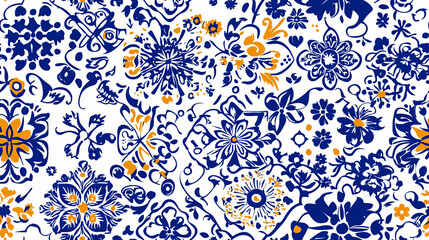 Vibrant Mexican Talavera pattern showcasing intricate floral designs in blue and orange hues