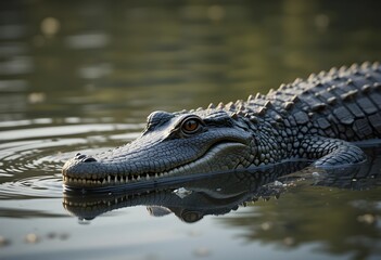 Fototapeta premium Crocodile partially submerged in a lake with soft water reflections