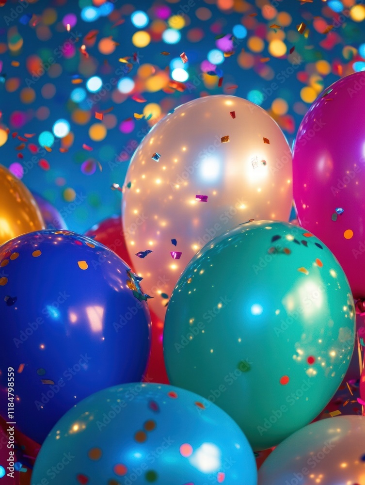 Poster colorful festive balloons and sparkling confetti create a joyful atmosphere for celebrations and spe