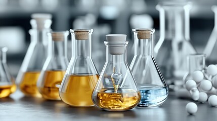 Various laboratory flasks filled with vibrant liquids are arranged on a table, indicating ongoing scientific experimentation and research in a modern lab environment