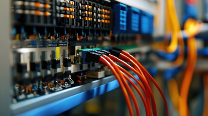 Close up of fiber optic cables connecting with network hardware, illustrating the intricate infrastructure of modern data centers and the vital role of high speed data transmission
