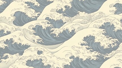 Elegant Japanese Wave Print Seamless Ukiyo-e Style Ocean Pattern for Wallpaper, Fabric,  Design Projects