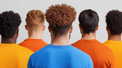 collection of men stands in a line, revealing unique hairstyles and vibrant shirt colors. Their backs face the viewer, showcasing individuality in style and hair texture