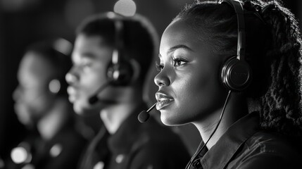 Team collaboration in a call center urban environment black and white photography focused perspective communication excellence