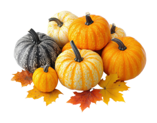 Autumn harvest colorful pumpkins collection in nature high fidelity with vibrant fall leaves isolated on transparent background png
