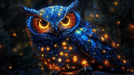 Luminous Owl Perched On Branch In Dark Forest