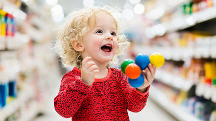 Fototapeta premium toddler and colorful balls in the toy store