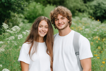 Obraz premium Young couple enjoys a sunny day together in a blooming meadow surrounded by greenery