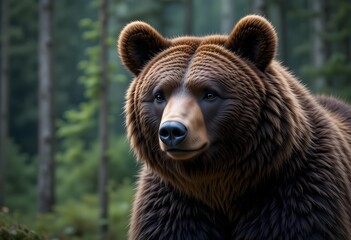 Detail of a grizzly bear's fur against a forest backdrop