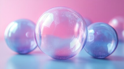 Iridescent spheres on pink and blue background.